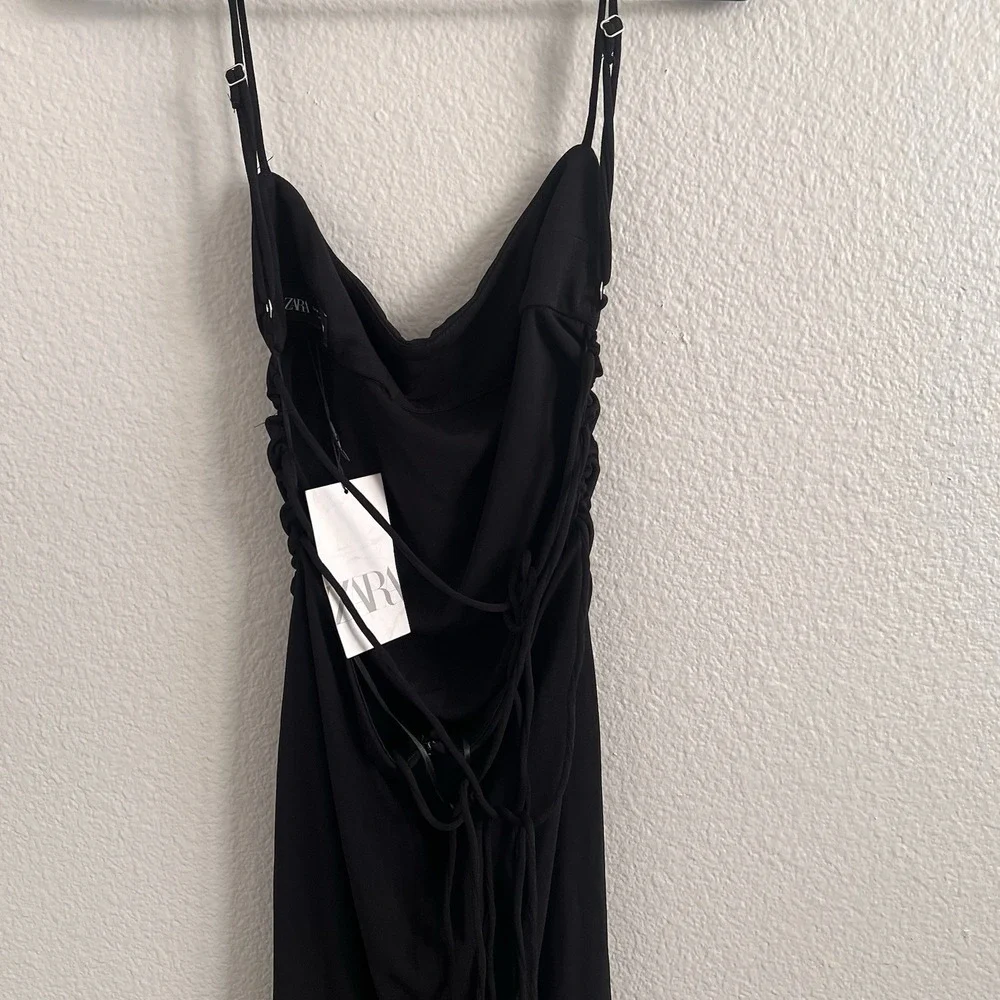 Zara Medium Dress Maxi Black Lace Up Back Ruched Whimsigoth Glam NWT - Picture 6 of 8